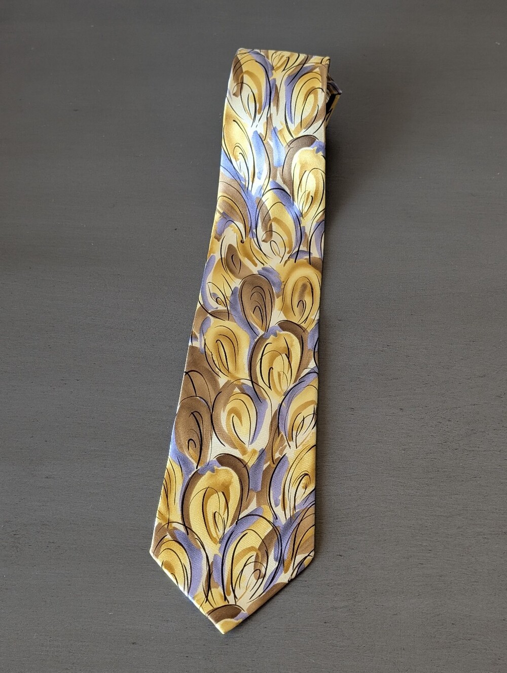 J. Garcia Yellow and Purple Abstract Feather Silk Tie 58.5" Long